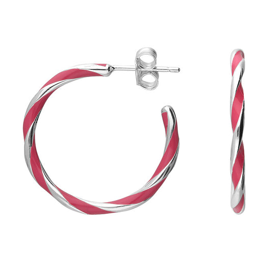 Silver Hot Pink Enamel Twist Hoop Earrings | 24mm - John Ross Jewellers