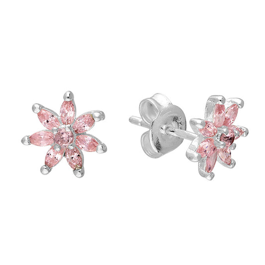 Silver Pink CZ Flower Stud Earrings - John Ross Jewellers