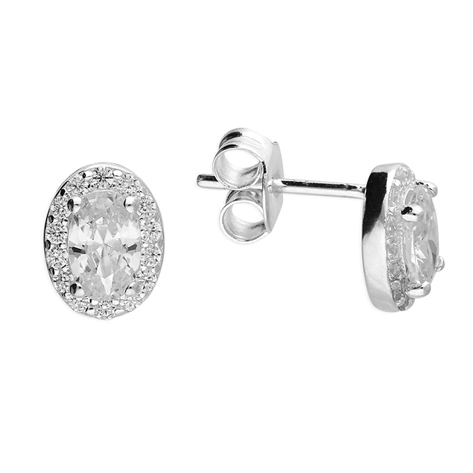 Silver CZ Oval Halo Stud Earrings - John Ross Jewellers