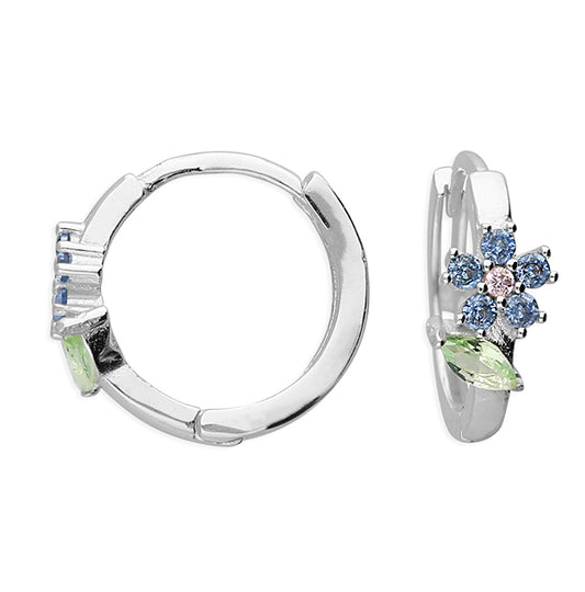 Silver Multicoloured CZ Blossom Huggie Hoop Earrings | 12mm - John Ross Jewellers