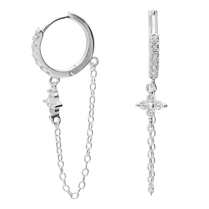 Silver CZ Blossom Chain Huggie Hoop Earrings - John Ross Jewellers
