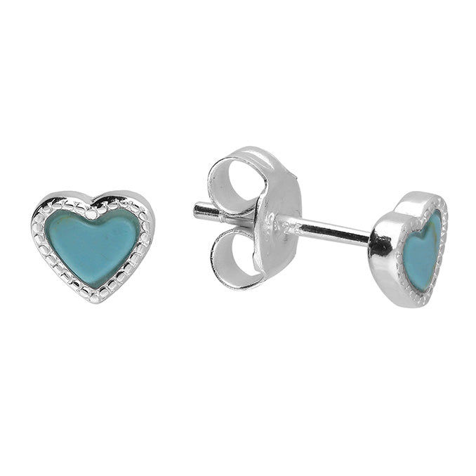 Silver Synthetic Turquoise Heart Stud Earrings - John Ross Jewellers