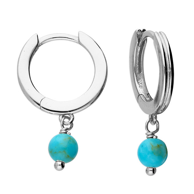 Silver Synthetic Turquoise Charm Huggie Hoop Earrings | 13mm - John Ross Jewellers