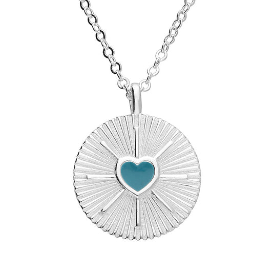 Silver Synthetic Turquoise Heart Sunray Disc Necklace | 46cm - John Ross Jewellers