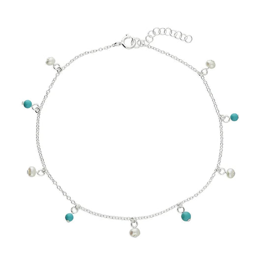 Silver Anklet - Turquoise & Freshwater Pearl - John Ross Jewellers