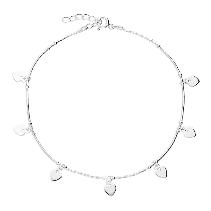 Silver Heart Discs Snake Chain Anklet | 25cm - John Ross Jewellers