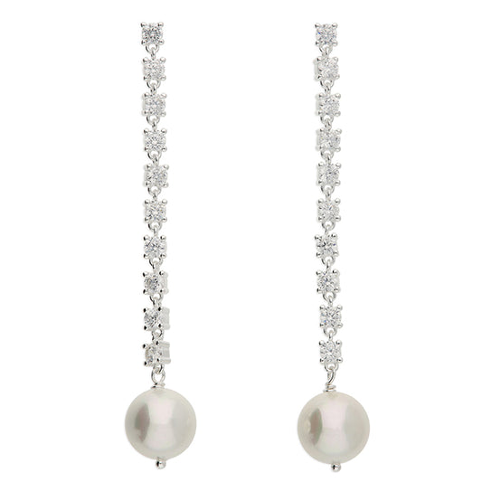 Silver Shell Pearl & CZ Long Drop Earrings - John Ross Jewellers