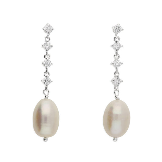 Silver Freshwater Pearl & CZ Drop Earrings - John Ross Jewellers