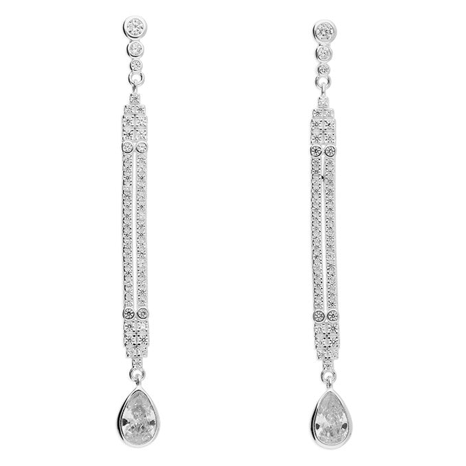 Silver CZ Deco Long Drop Earrings - John Ross Jewellers
