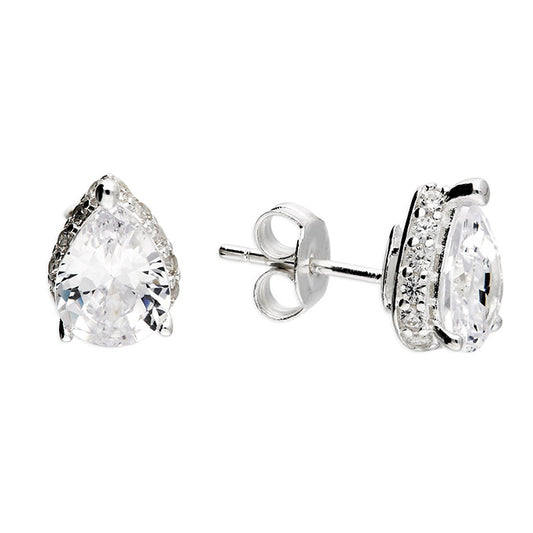 Silver Galleried Pear CZ Stud Earrings - John Ross Jewellers