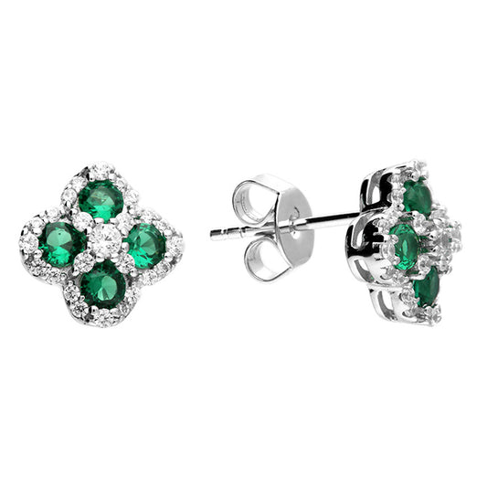 Silver Green CZ Quatrefoil Stud Earrings - John Ross Jewellers