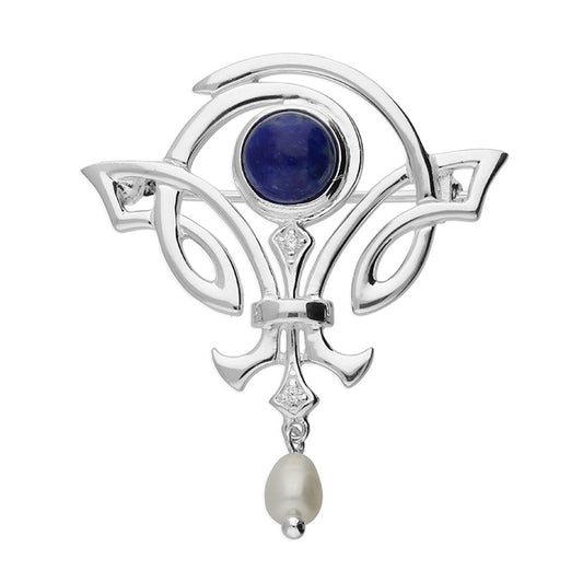 Silver Lapis Lazuli & Freshwater Pearl Art Nouveau Brooch - John Ross Jewellers