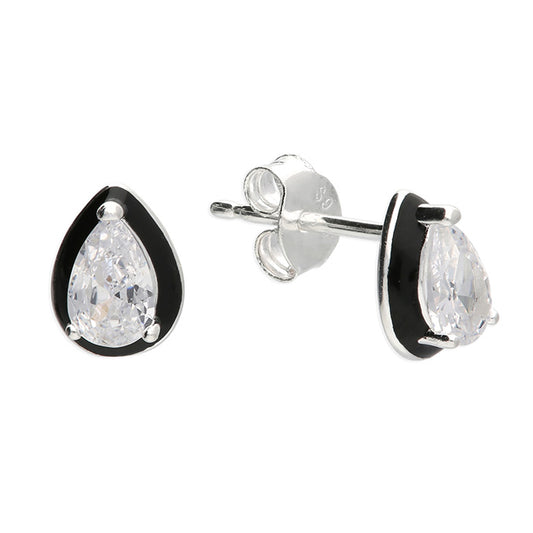 Silver Black Enamel Pear CZ Stud Earrings - John Ross Jewellers