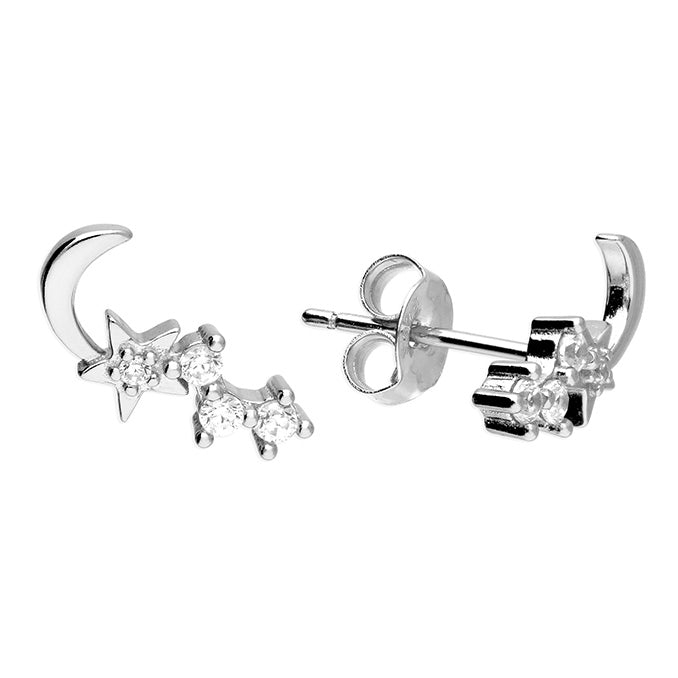 Silver Moon & Star CZ Climber Stud Earrings - John Ross Jewellers