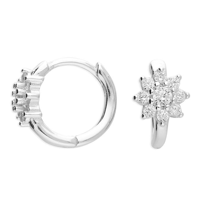 Silver CZ Flower Huggie Hoop Earrings | 11mm - John Ross Jewellers