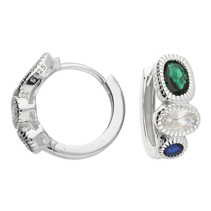 Silver Peacock Colour CZ Huggie Hoop Earrings - John Ross Jewellers