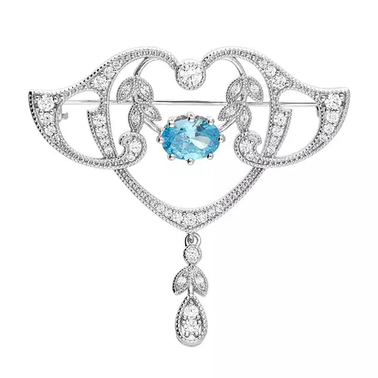 Silver Blue & White CZ Art Nouveau Brooch