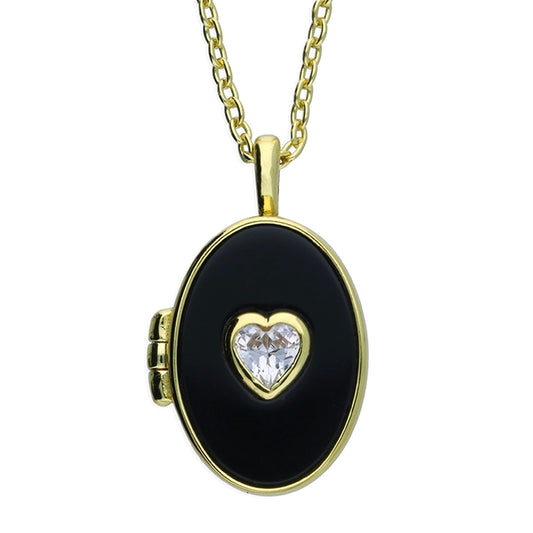 Sunshine Black Agate & Heart CZ Oval Locket Necklace - John Ross Jewellers