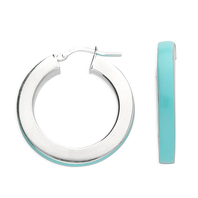 Silver Turquoise Enamel Chunky Hoop Earrings | 28mm - John Ross Jewellers