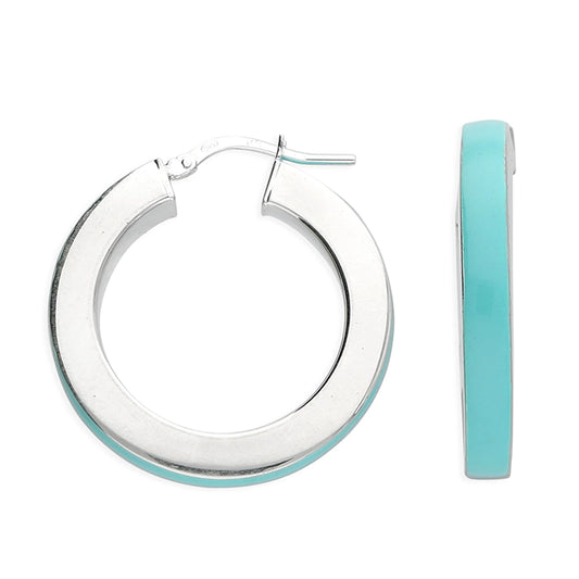Silver Turquoise Enamel Chunky Hoop Earrings | 28mm
