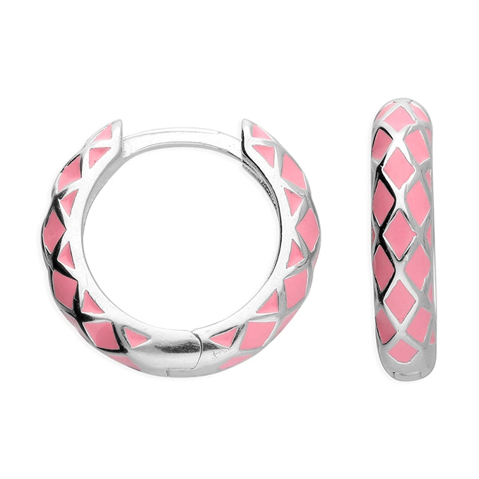 Silver Baby Pink Enamel Snakeskin Huggie Hoop Earrings | 14mm - John Ross Jewellers