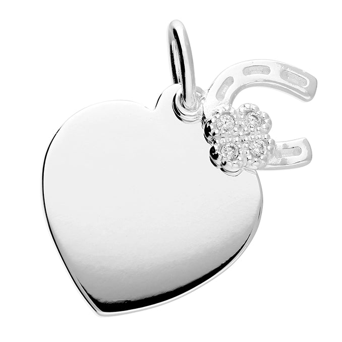 Silver CZ Good Luck Heart Disc Necklace