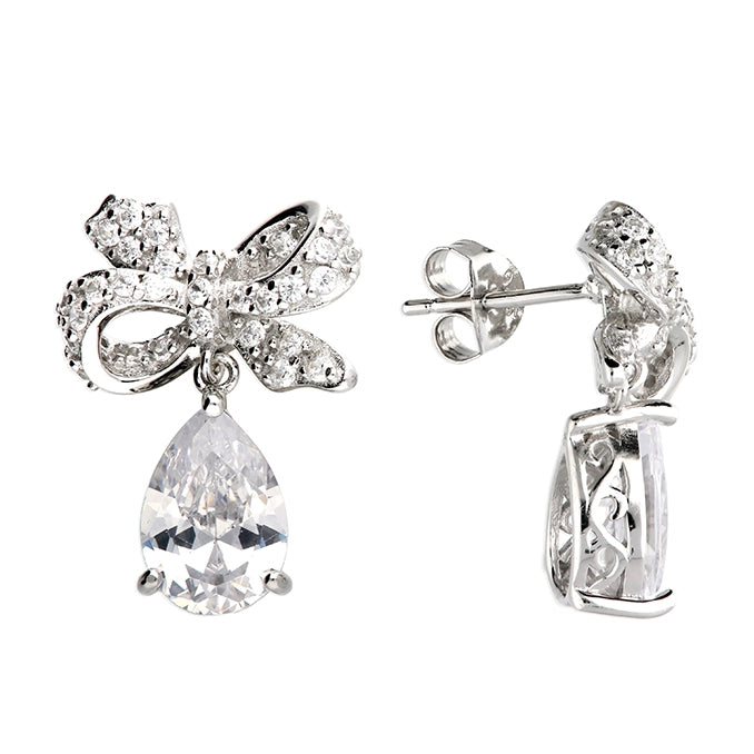 Silver CZ Bow Pear Drop Earrings