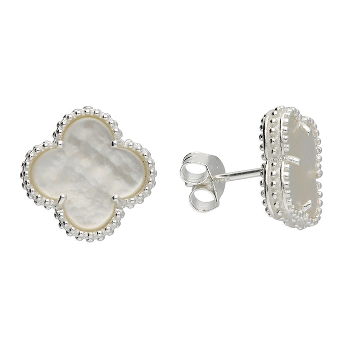 Silver Mother of Pearl Quatrefoil Stud Earrings - John Ross Jewellers