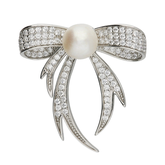 Silver Freshwater Pearl & CZ Bow Brooch