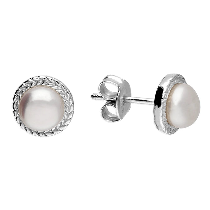 Silver Freshwater Pearl Rope Edged Stud Earrings - John Ross Jewellers