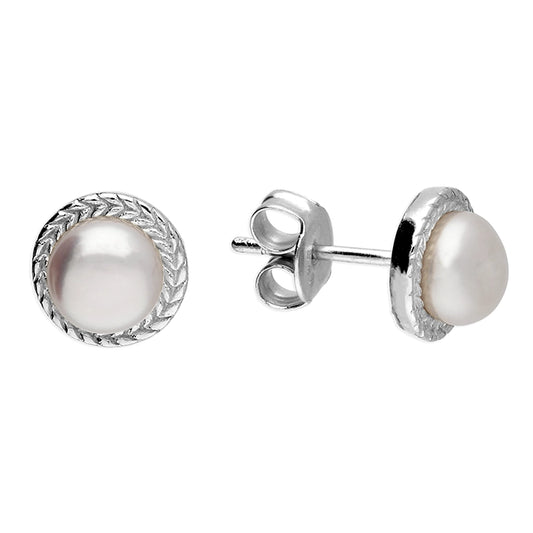 Silver Freshwater Pearl Rope Edged Stud Earrings - John Ross Jewellers