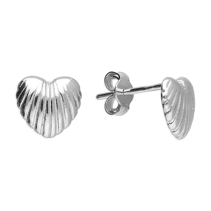 Silver ribbed heart stud earrings by CME, featuring a textured design and a classic stud style.