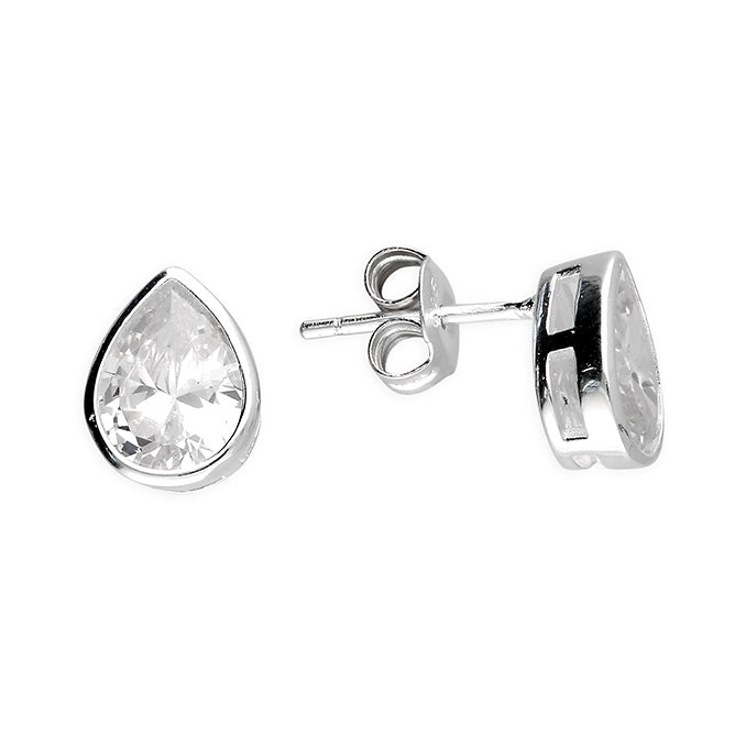 Silver Pear Cut CZ Rubover Stud Earrings