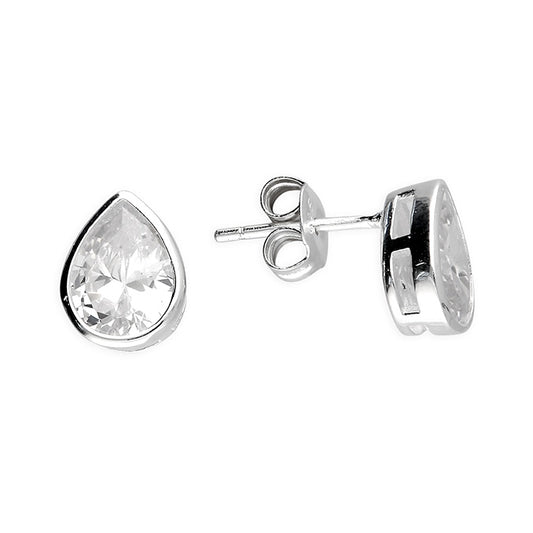 Silver Pear Cut CZ Rubover Stud Earrings