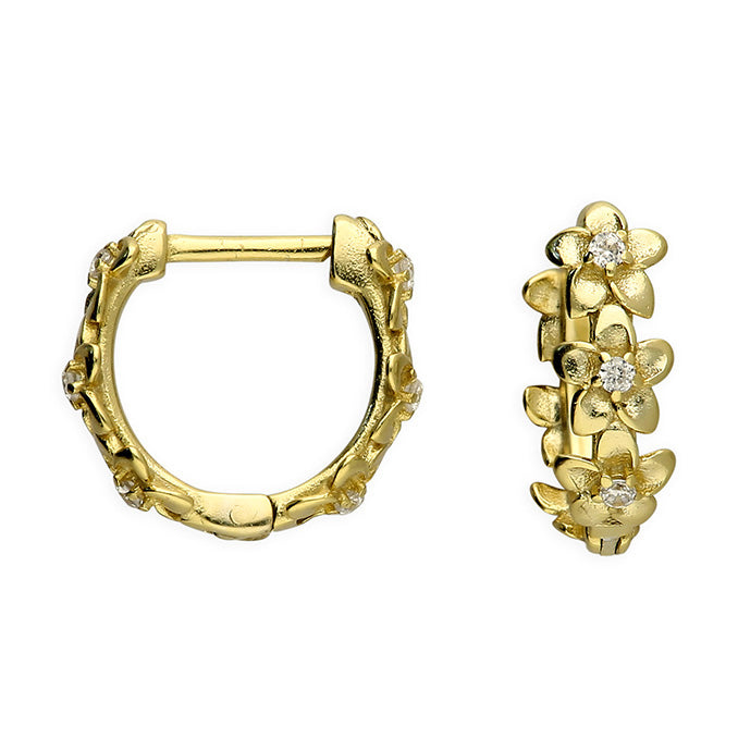 CME Sunshine Floral CZ huggie hoop earrings featuring floral design and sparkling cubic zirconia stones.