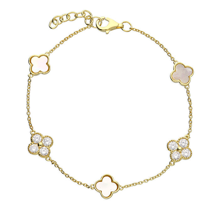 Sunshine Mother of Pearl Quatrefoil bracelet by CME featuring elegant pearl inlay and intricate quatrefoil design.