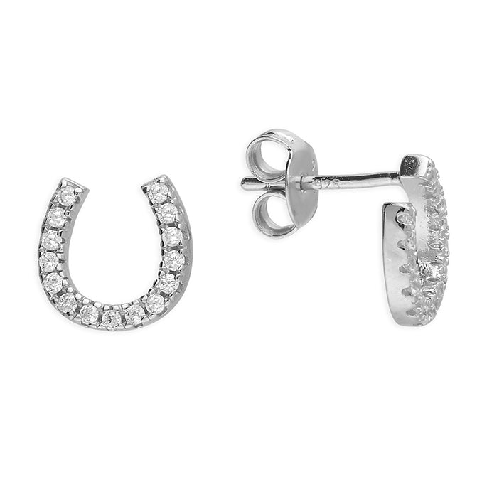 Silver CZ horseshoe stud earrings by CME featuring sparkling cubic zirconia stones and a classic horseshoe shape.