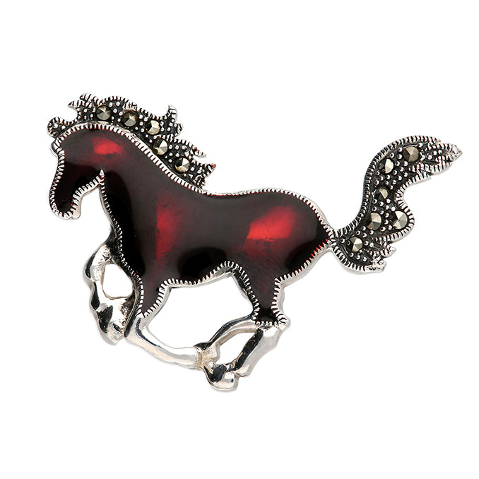 Silver Marcasite Galloping Red Horse Brooch
