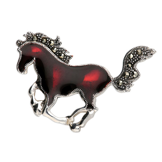 Silver Marcasite Galloping Red Horse Brooch