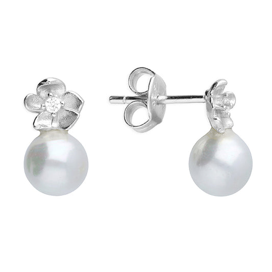 Silver Faux Pearl Flower Stud Earrings