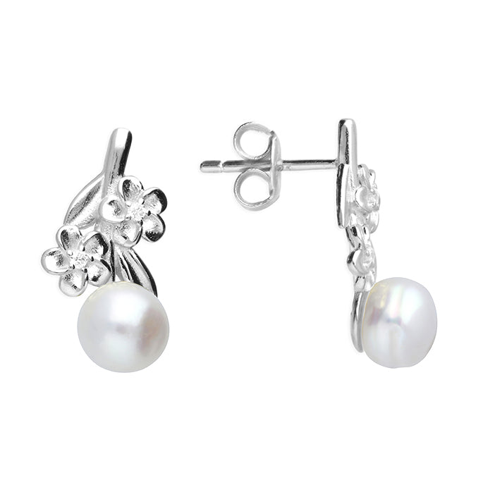 Silver Freshwater Pearl Flower Stud Earrings