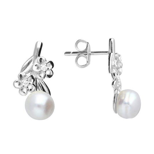 Silver Freshwater Pearl Flower Stud Earrings