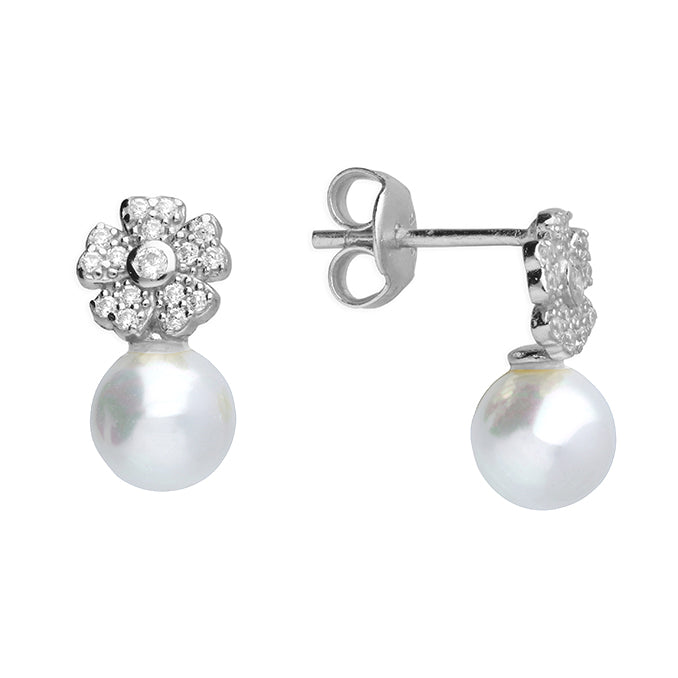 Silver Faux Pearl Flower Stud Earrings