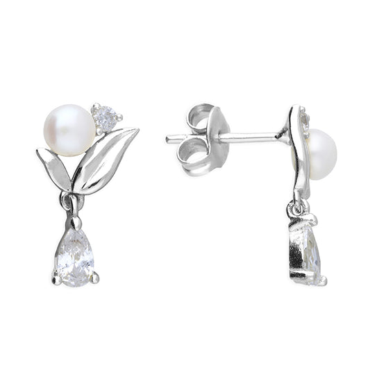 Silver Freshwater Pearl Leaf Drop Earrings - John Ross Jewellers