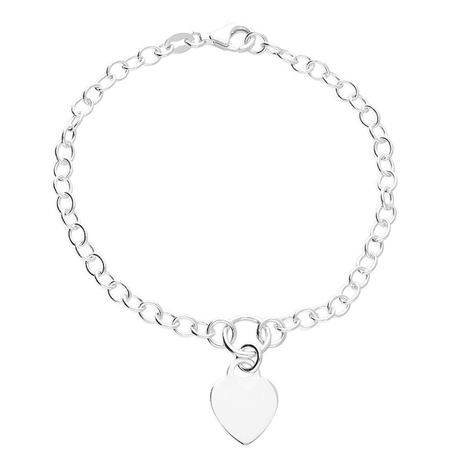 Silver heart disc charm bracelet by CME featuring a delicate chain and heart-shaped pendant, stylish jewelry accessory.