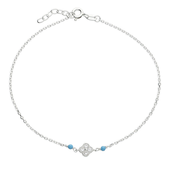 Silver Anklet - CZ Quatrefoil & Turquoise | 23-25cm