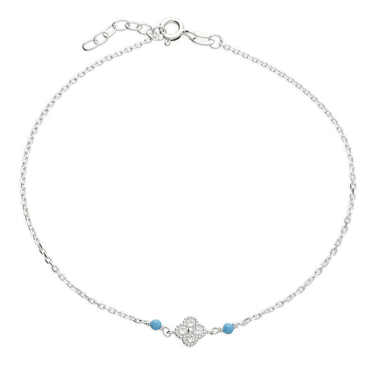 Silver Anklet - CZ Quatrefoil & Turquoise | 23-25cm