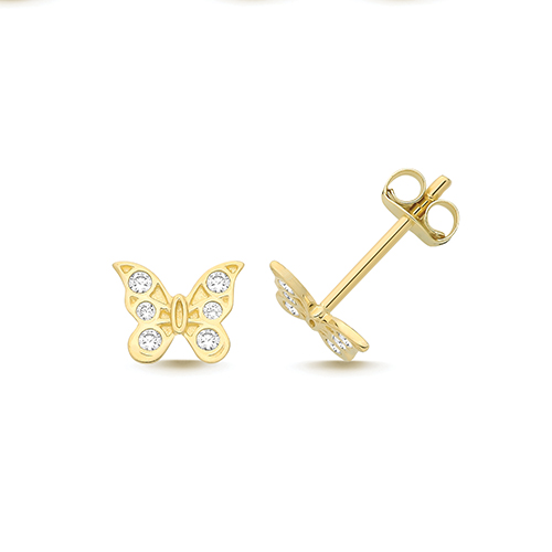 9ct Gold CZ Butterfly Stud Earrings - John Ross Jewellers