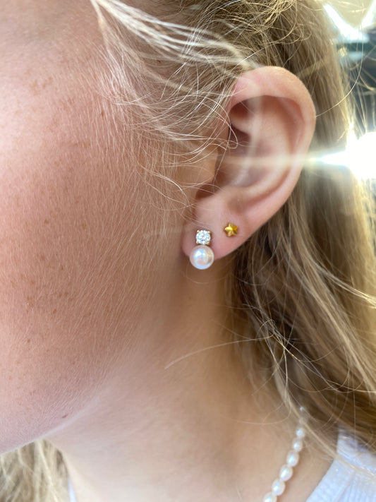 9ct Gold Freshwater Pearl & CZ Double Stud Earrings - John Ross Jewellers