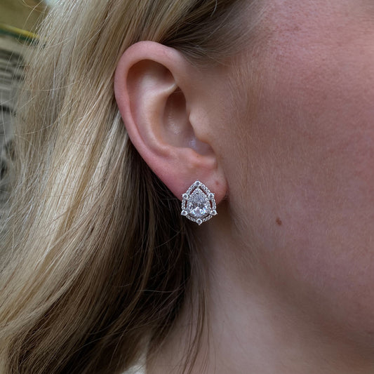 Silver Decorative Pear Halo CZ Stud Earrings - John Ross Jewellers